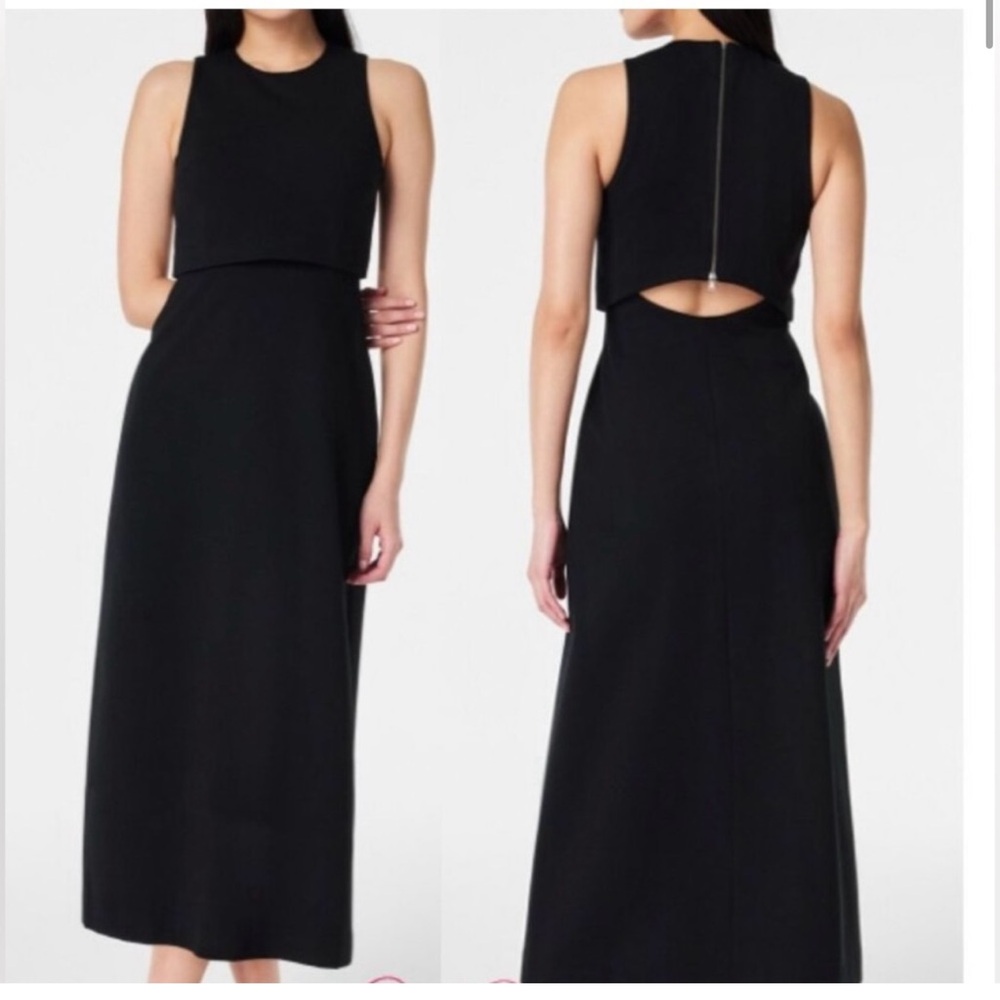 Spanx Elegant navy blue Sleeveless cutout back midi sheath dress size XS new